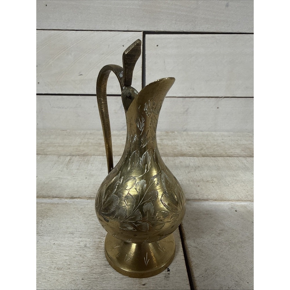 Vintage Etched Solid Brass Pitcher India Etched Floral Design MCM Fast Ship